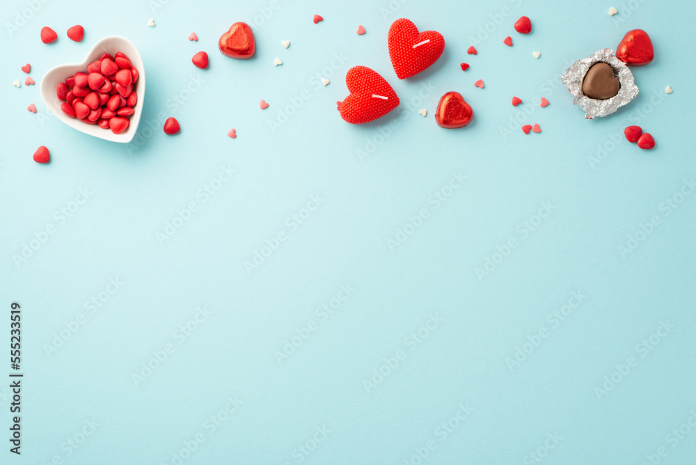 St Valentine's Day concept. Top view photo of heart shaped saucer with sprinkles chocolate