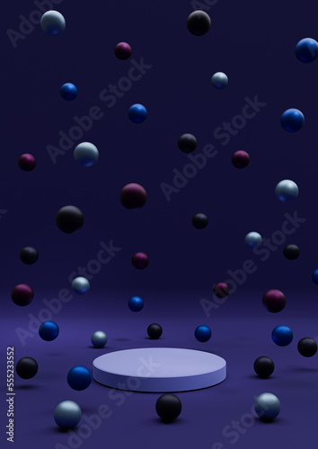 Dark blue 3D illustration minimal product display Christmas themed with colorful decoration Christmas balls colorful metallic marbles falling photography wallpaper with one podium or stand