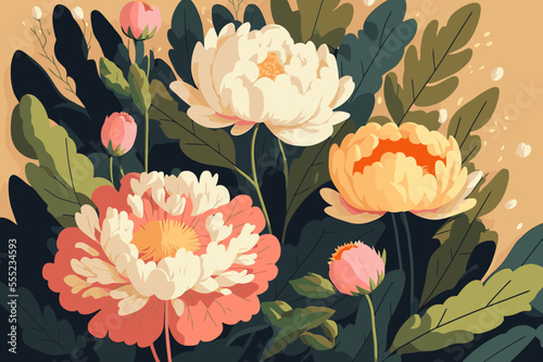 peonies and wild flowers botanical natural peony Illustration background