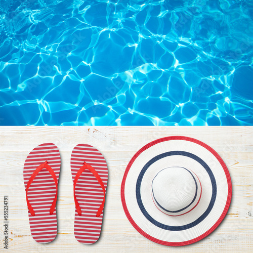Beach accessories flip flops and hat. Summer resort objects collage isolated.