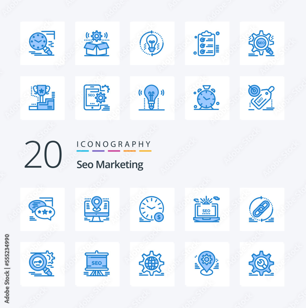20 Seo Marketing Blue Color icon Pack like setting seo lcd currency dollar
