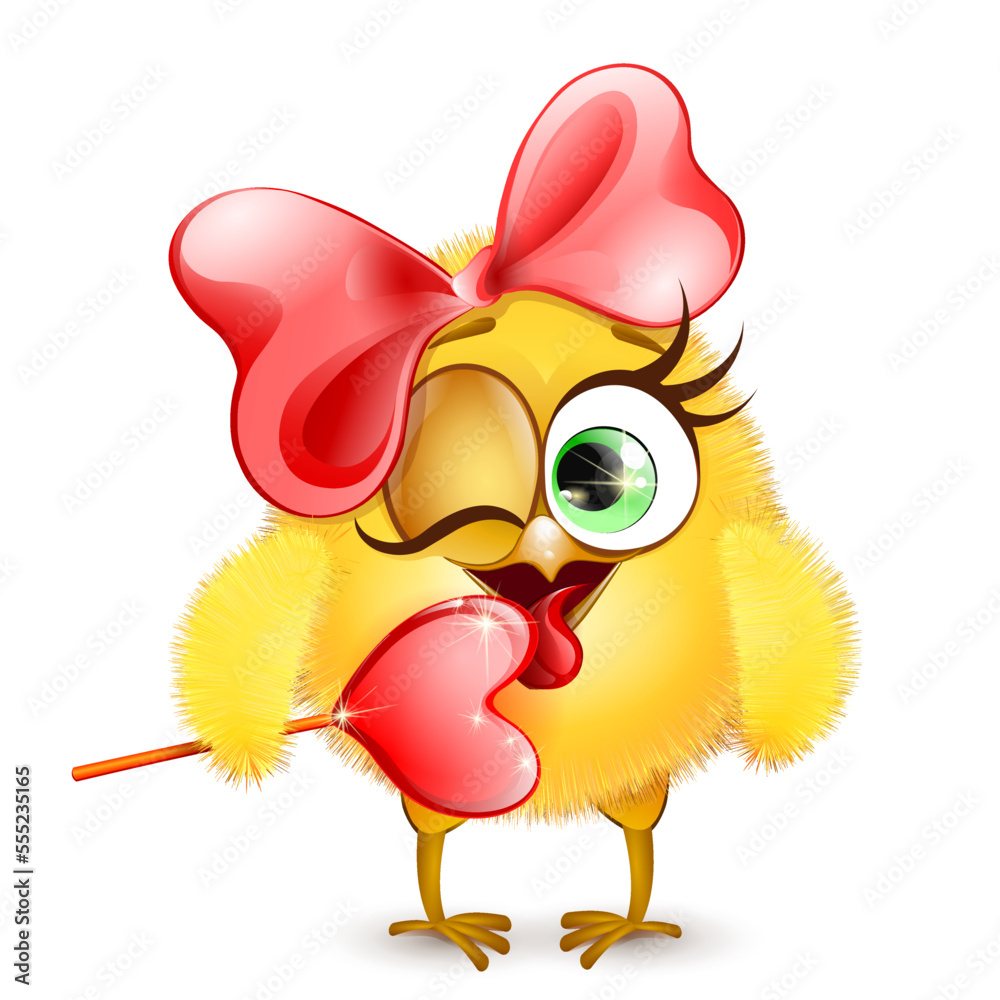 Fototapeta premium Funny cartoon little yellow chick girl with red bow and licking heart shape lollipop