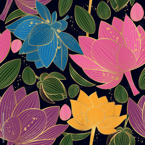 Seamless vector pattern with lotus flowers on a dark  background.	Golden flowers in line art style.
