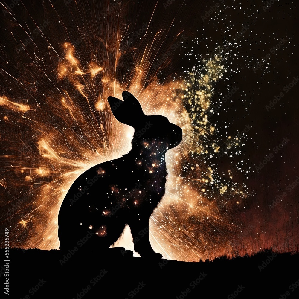 Rabbit and fire, fireworks and rabbit's silhouette, rabbit year ...