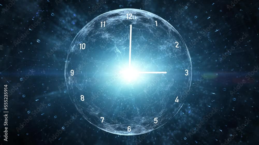 Infinity cosmos time looping clock on artistic glowing digital background with sphere and binary code data animation.