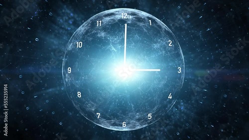 Infinity cosmos time looping clock on artistic glowing digital background with sphere and binary code data animation. photo