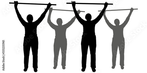 A woman with her hands up and a stick in her hands. Older women perform physical exercises with sticks in their hands. Sports for pensioners. Front view, full face. Female silhouette isolated on white