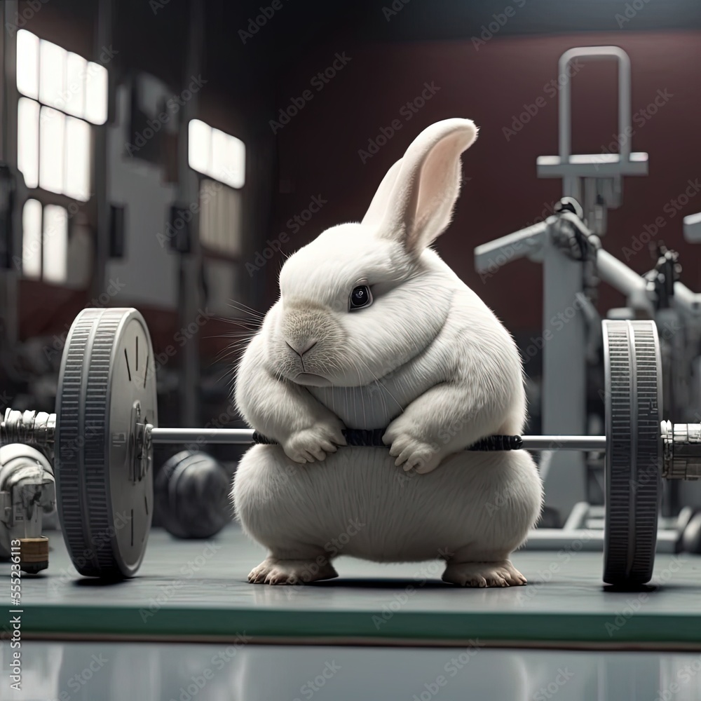 Weightlifter rabbit, rabbit lifting weights at the gym, white rabbit ...