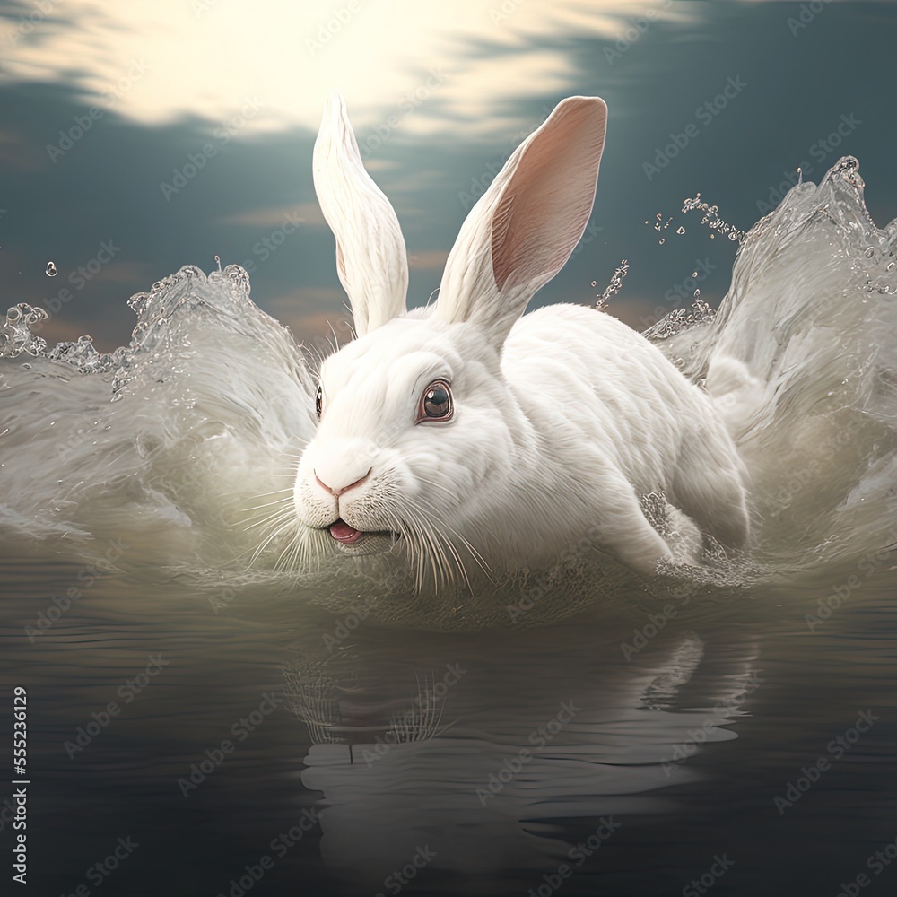 White rabbit swimming, water rabbit, rabbit year illustration, year ...