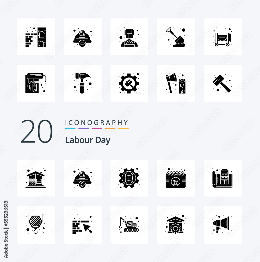 20 Labour Day Solid Glyph icon Pack like day calendar helmet labour gear