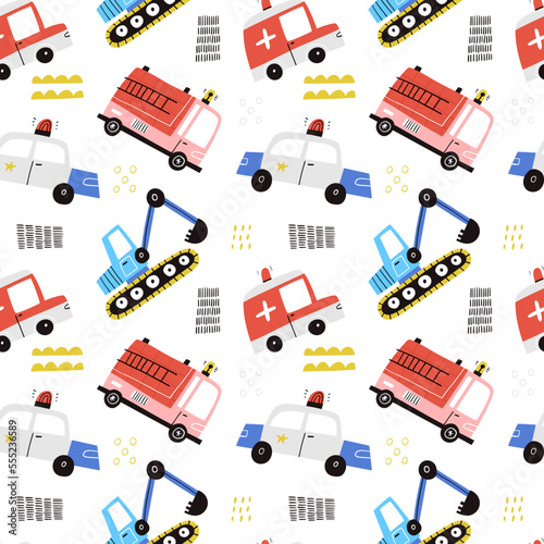 Cartoon emergency vehicles vector seamless pattern. Cute kids ambulance, police car, fire engine truck with siren flasher light and excavator on white background.