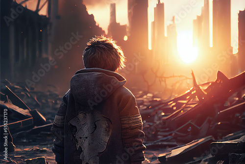 A lonely boy stands by himself looking at the city that was once his home, destroyed in the war