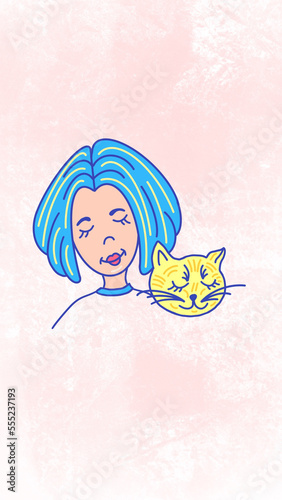 Cartoon character girl with a cat, portrait, avatar. Hand drawn illustration. Young girl with blue hair portrait, yellow cat. Blue, yellow colors stay with Ukraine concept, Peace in Ukraine concept.
