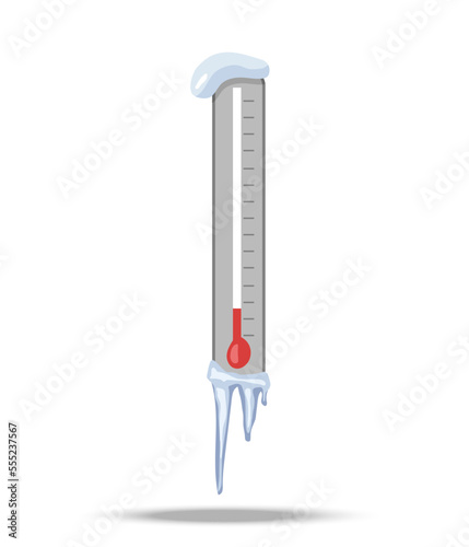 Thermometer with icicles and snow cap. Very cold weather in winter, danger of frostbite. Frozen thermometer showing low temperature. Flat vector illustration isolated on white background