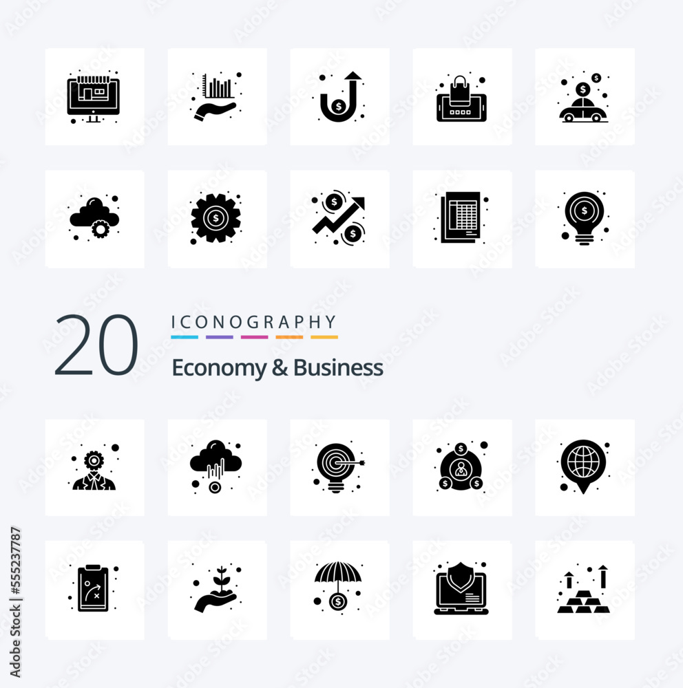 20 Economy And Business Solid Glyph icon Pack like global people bulb money business