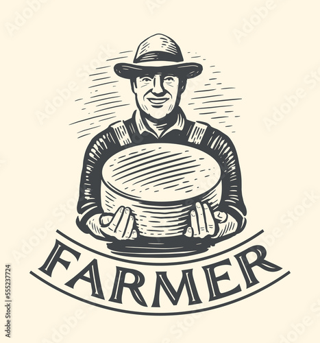Farmer with holding cheese round. Milk farm logo. Dairy natural organic food emblem. Vintage sketch vector illustration