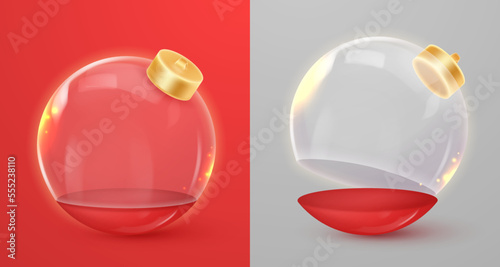 Opened red Christmas ball, boxes, cases with stand, bottom half, glass dome, gold elements and lights. Happy New Year Vector illustration for card, party, design, flyer, banner, web, advertising