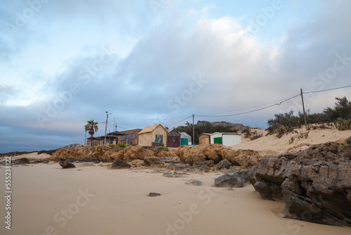 Coastal landscape with boat garages on the beach of Porto Santo