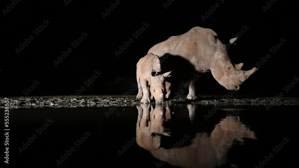 Rhino and calf visiting a water hole in South Africa at night