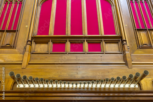 Horizontal trumpets of a pipe organ, powerfully voiced reed pipes mounted en chamade