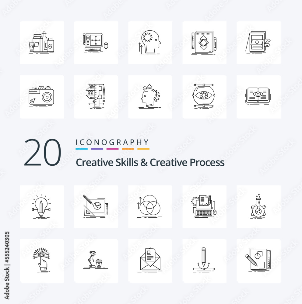 20 Creative Skills And Creative Process Line icon Pack like computer type writer idea geometry alignment