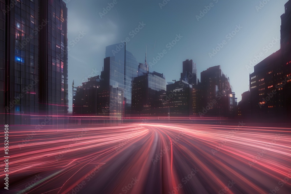 Fotografie Light trails moving towards financial district - Generative AI