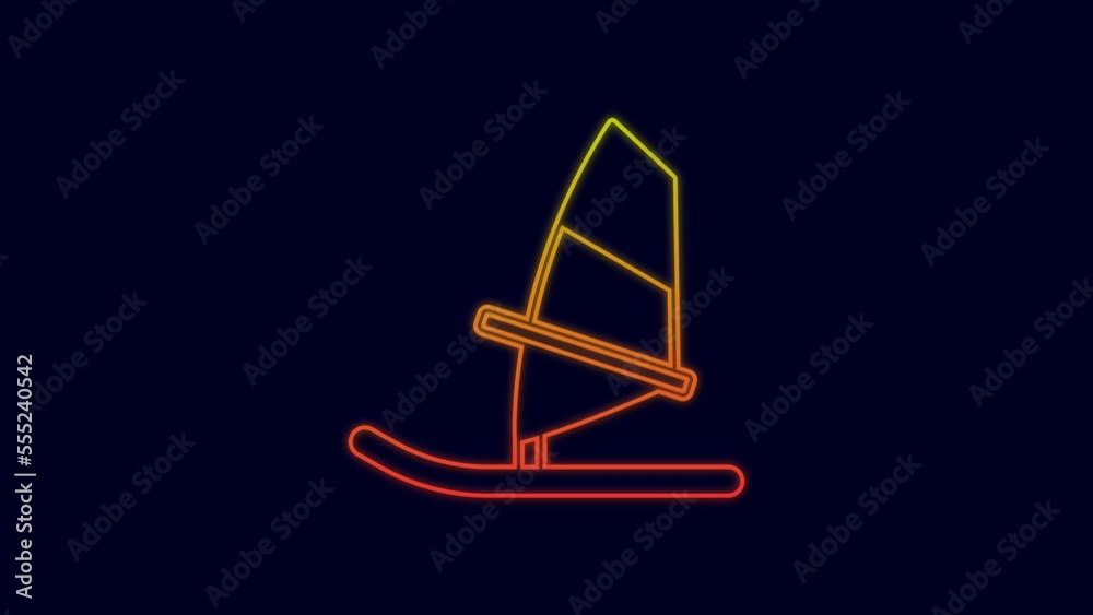 Glowing neon line Windsurfing icon isolated on blue background. 4K Video motion graphic animation Glowing neon line Windsurfing icon isolated on blue background. 4K Video motion graphic animation