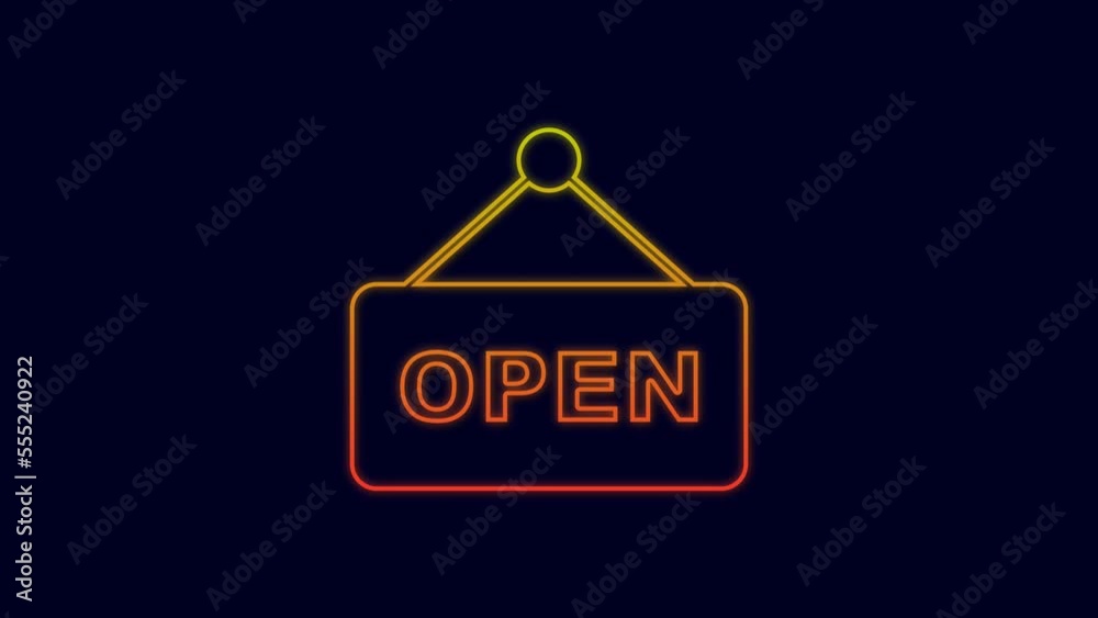 Glowing neon line Hanging sign with text Open door icon isolated on blue background. 4K Video motion graphic animation Glowing neon line Hanging sign with text Open door icon isolated on blue background. 4K Video motion graphic animation
