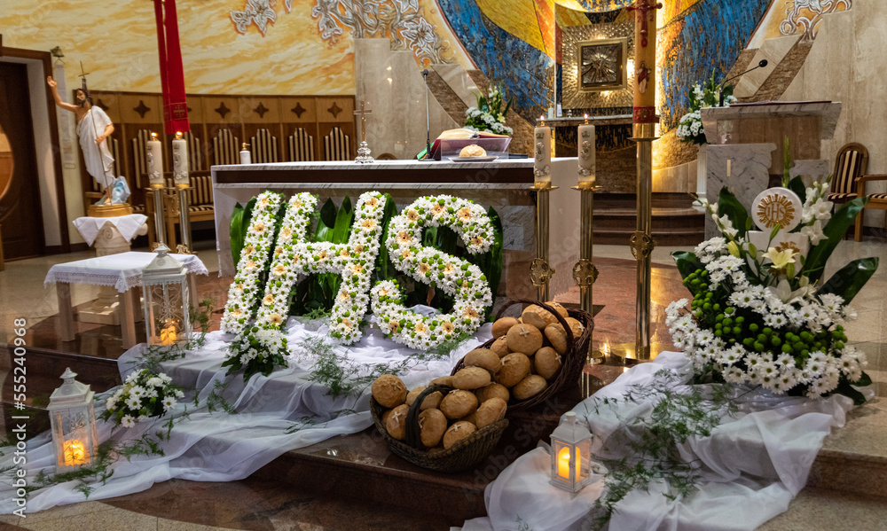 Legionowo, Poland May 28, 2022 Altar decorated with flowers before a