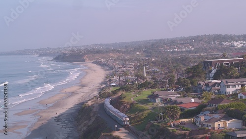 Aerial above train tracks on coastal bluffs in San Diego photo