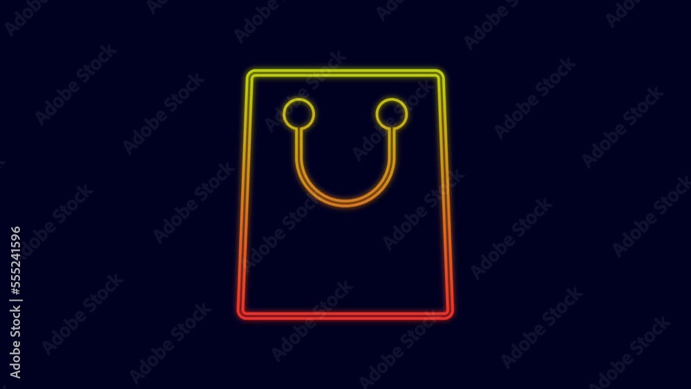 Glowing neon line Paper shopping bag icon isolated on blue background. Package sign. 4K Video motion graphic animation Glowing neon line Paper shopping bag icon isolated on blue background. Package sign. 4K Video motion graphic animation