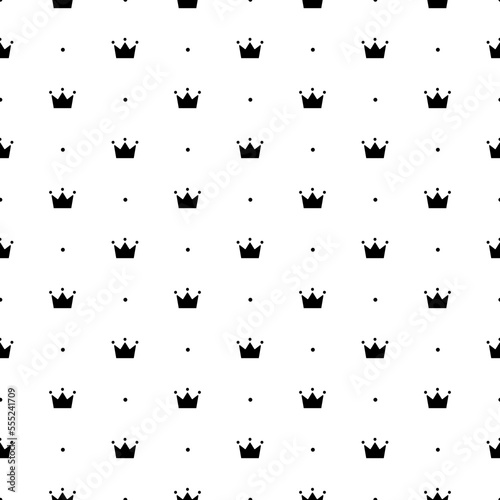 Crown seamless pattern. Repeating royal texture. Black color lattice on white background. Repeated wallpaper for design prints. Cute abstract backdrop. Repeat crown, dot and line. Vector illustration
