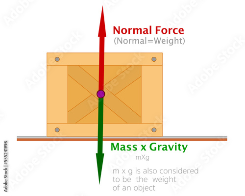 Free body diagram. Normal force load, weight mass gravity. Identifying action reaction forces friction example. Wooden box, package. Newton's second law. Illustration vector