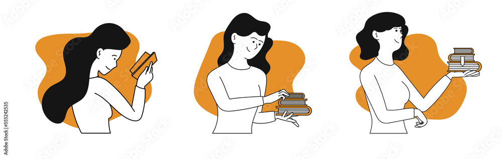 Woman reading book vector concept illustration. Education character and student study. Knowledge with literature and female hobby learning. Smart information and educational literary. Clever adult Woman reading book vector concept illustration. Education character and student study. Knowledge with literature and female hobby learning. Smart information and educational literary. Clever adult