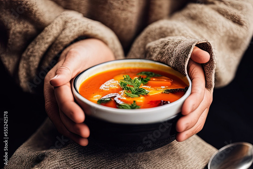 photo of a woman holding a bowl of soup in her hands - AI Generated