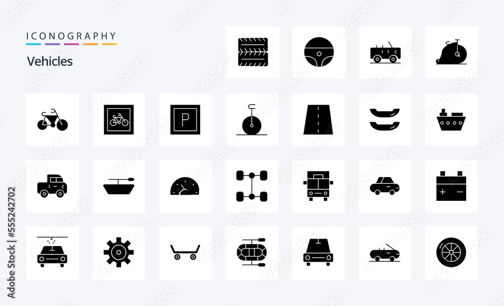 25 Vehicles Solid Glyph icon pack