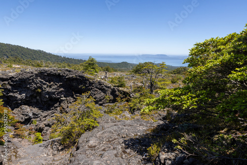 View from the Volcanic Caves Park (at the foot of Villarrica volcan) to the Villarrica lake in Chile 