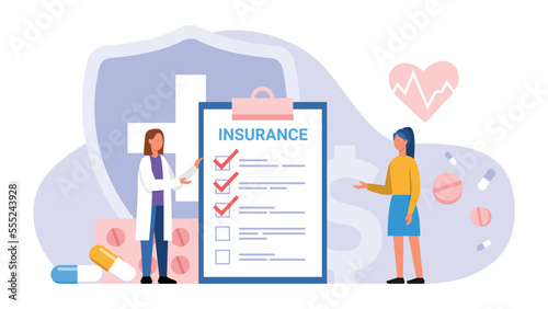 Vector illustration of health insurance. Cartoon scene with doctor and girl who insured her life on white background.