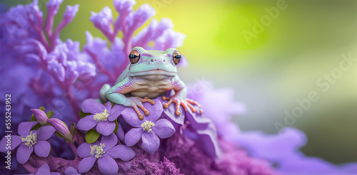 Floral summer banner with copy space. Close-up of a frog in hydrangea flowers. digital art	 photo