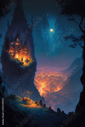 fantasy landscape illuminated, fantasy world, art illustration concept
