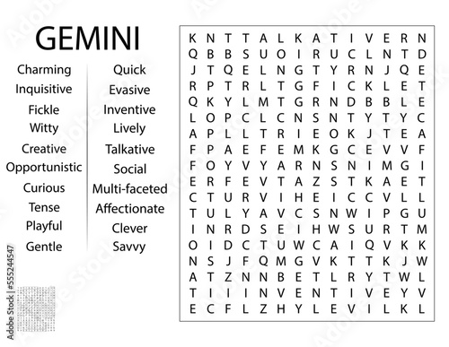 Fun Birthday Word Search Puzzle Template - Zodiac Sign Gemini Traits and Characteristics Party Game