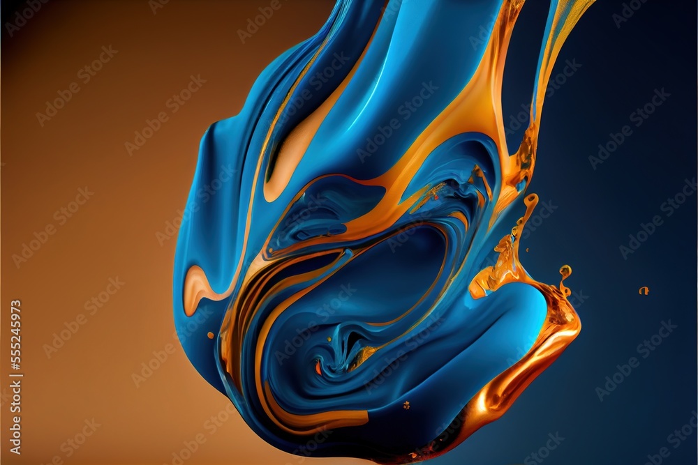 Poured splashing acrylic paint flowing liquid, in blue and gold, fluid texture, beautiful artistic background, generative ai
