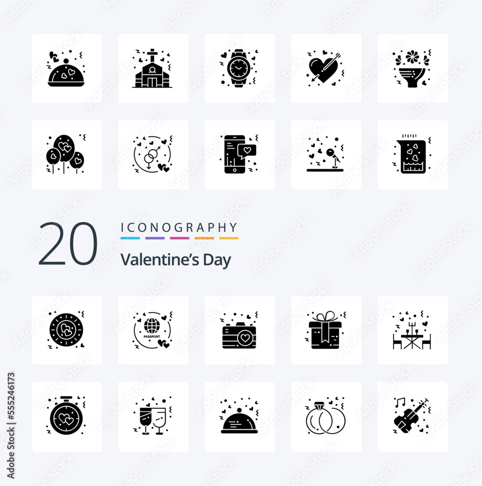 20 Valentines Day Solid Glyph icon Pack like restaurant wedding camera marriage bow