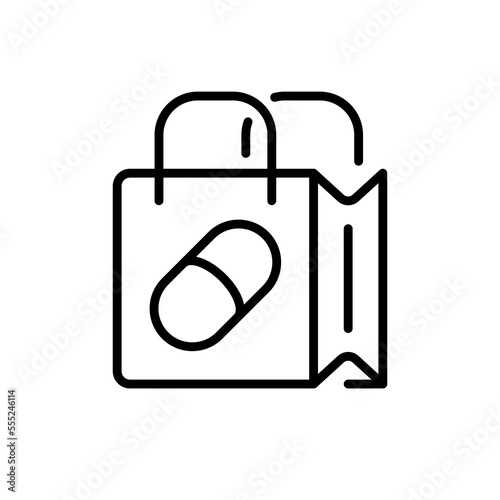 The concept of medicine and healthcare. Icon of a package with medicines, a package from a pharmacy. Tablets, sprays, drops, injections, disinfectants, personal care products. Icon.