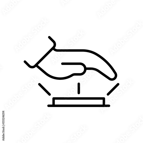 The concept of hand pressing a big button. Decision, confidence, choice, chance. Vector icon drawn in black line on a white background.