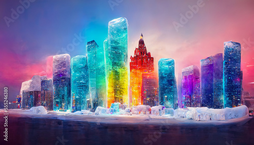 ai midjourney generated illustration of an ice crystal city with skyscrapers