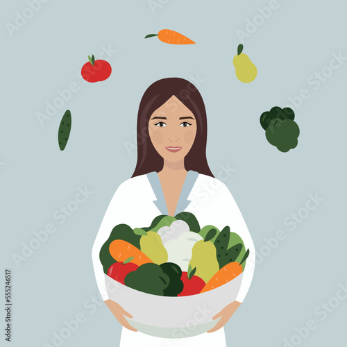 Nutritionist concept. Vector cartoon pretty young woman with vegetables and fruits bowl. Diet planner. Nutrition therapy with healthy food.
