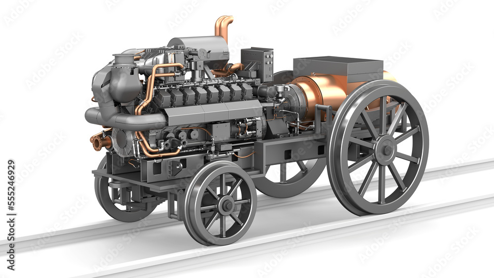 Steampunk car concept. Amazing train on the railroad. Locomotive with a large diesel engine. Unusual and strange locomotive on a white background. 3d illustration