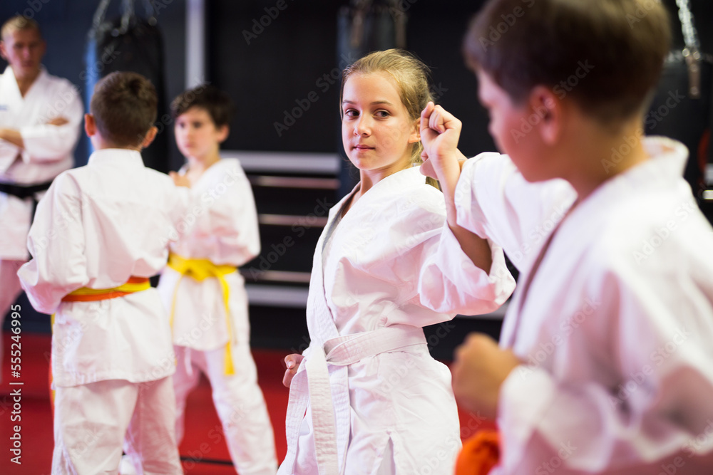 Adolescent boys and girls in kimono fighting with each other in gym. - obrazy, fototapety, plakaty 