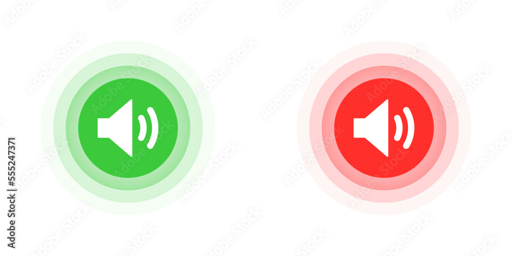 Speaker icons in green and red circle shape. Flat vector illustration. Speaker icons in green and red circle shape. Flat vector illustration.